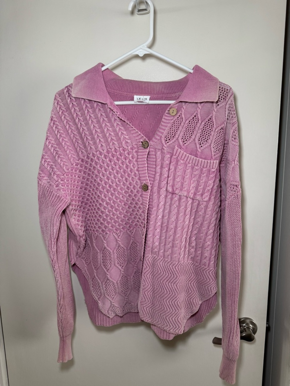 Le Lis Pink Patchwork Cable Collared Cardigan